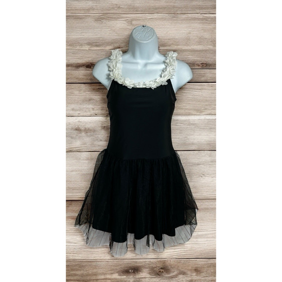 Shein Black Mini Dress Sz M Balletcore Mesh Skirt White Roses Attached Shorts - Picture 2 of 9